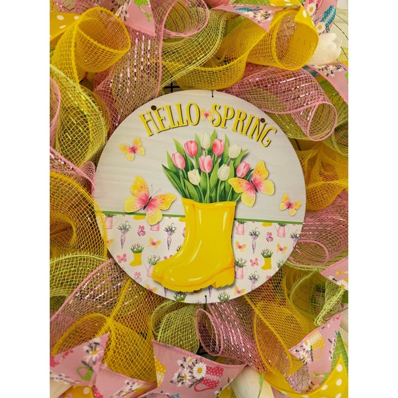 Hello Spring Flowers Butterfly Ribbon Deco Mesh Spring Summer Wreath - Picture 2 of 8